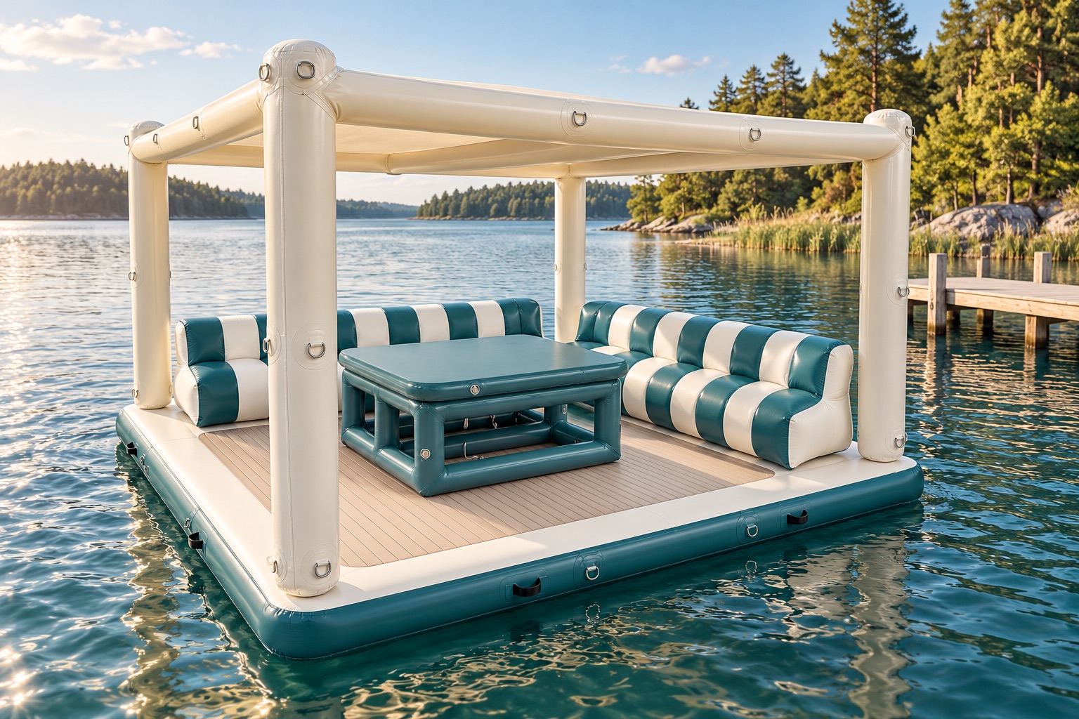 Ivory-and-teal Cabana floating lounge custom colour concept at a sheltered lake