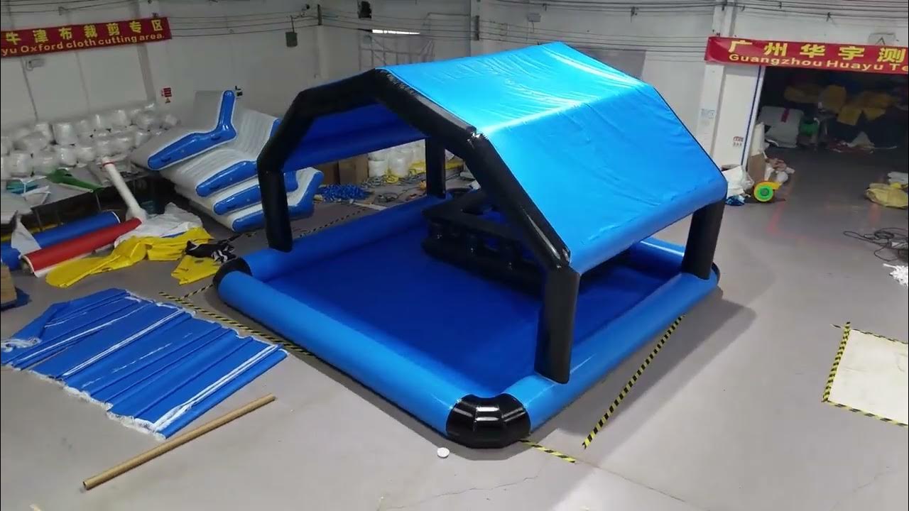 Blue single-level shaded floating platform pictured in the DSPR workshop