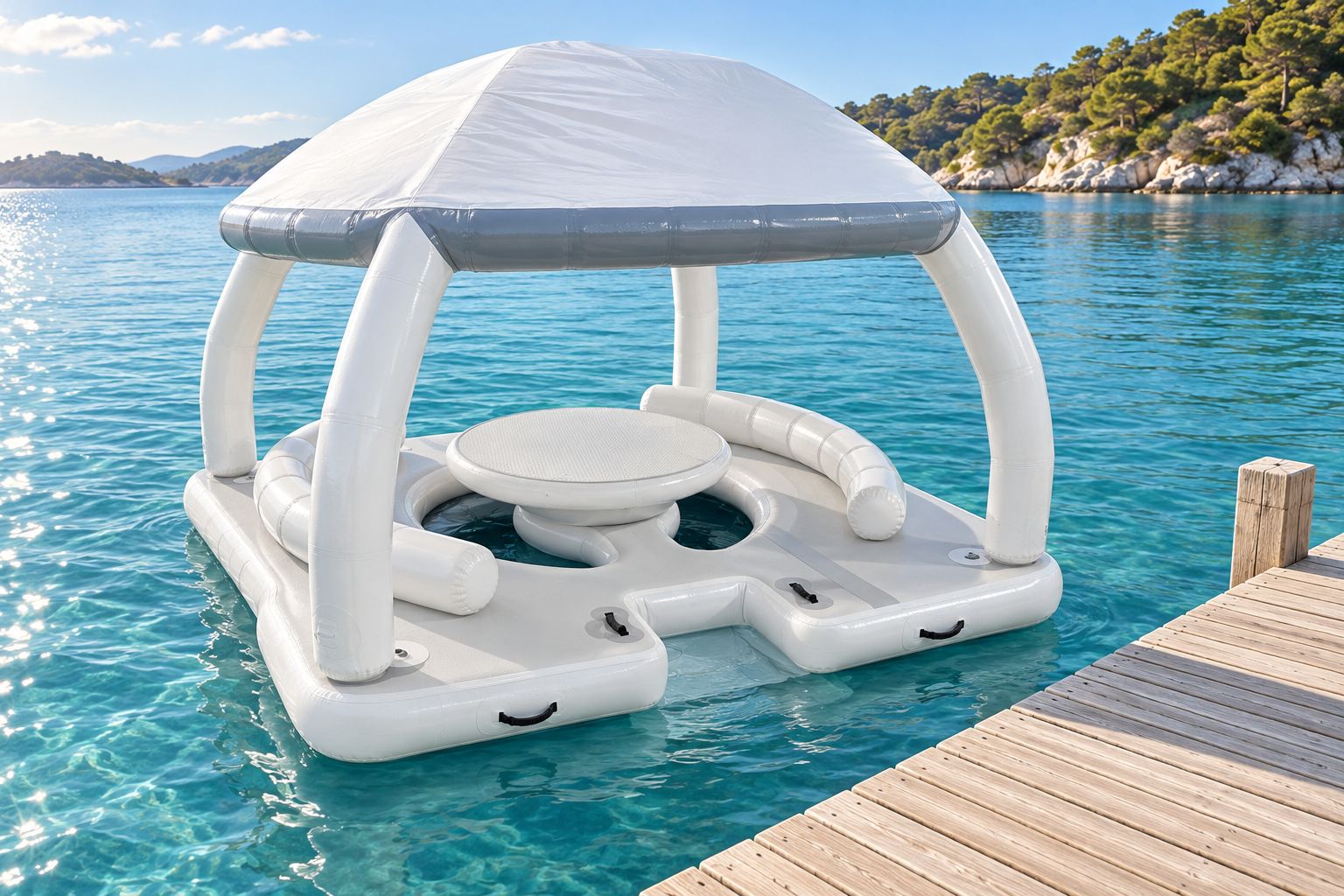 White-and-grey Pearl round-table floating lounge waterfront concept